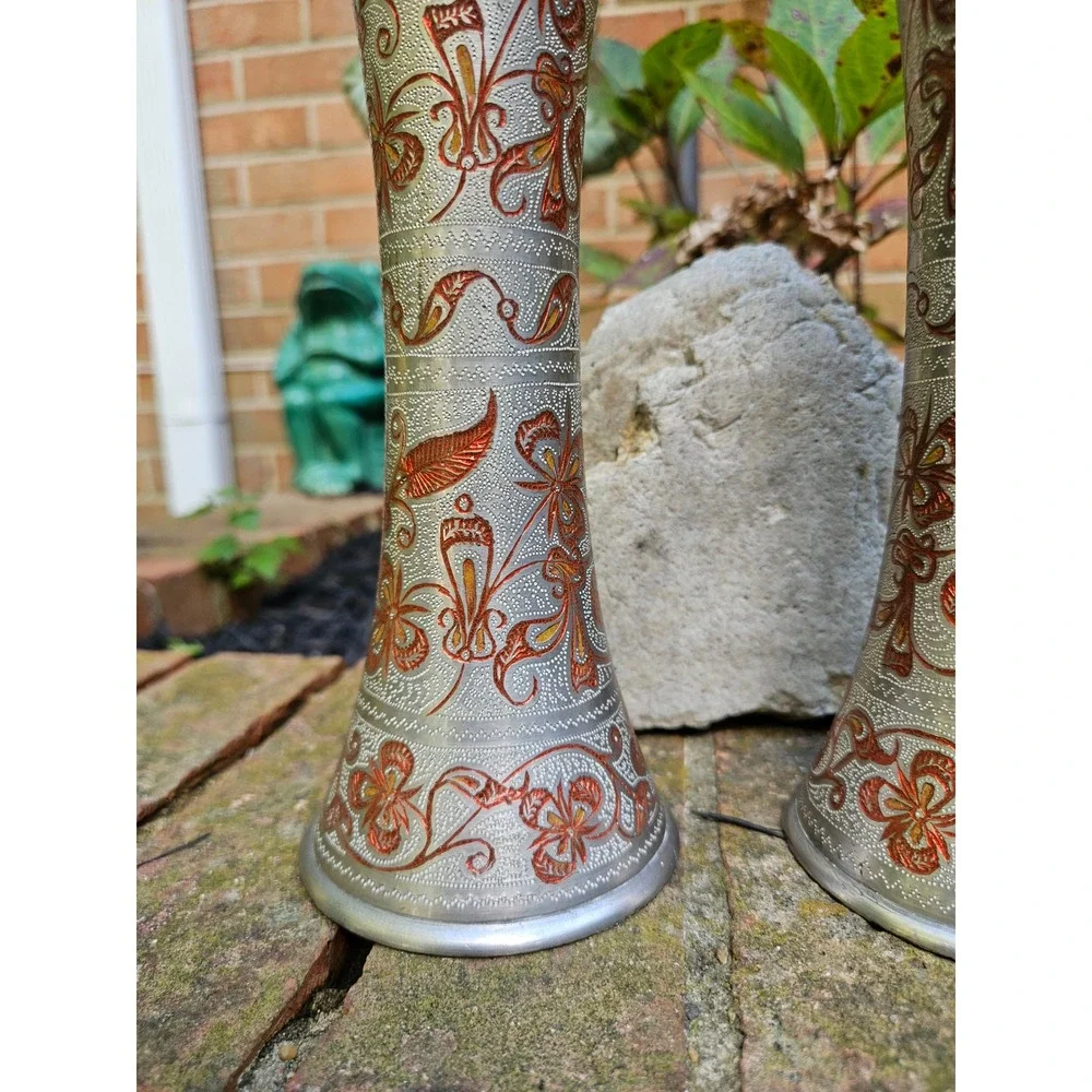 Vtg Pair of Silver-Tone Brass Trumpet Vases with Orange Floral Etchings, 9